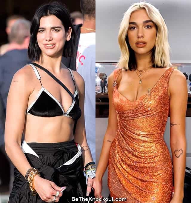 Dua Lipa boob job before and after photo comparison