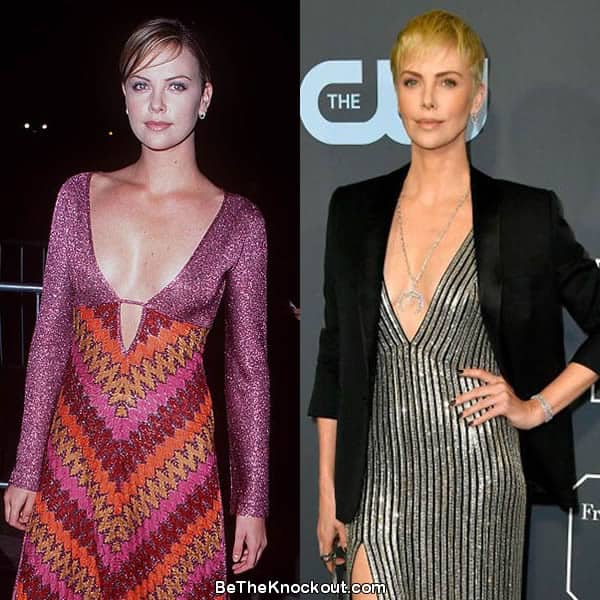 Charlize Theron boob job before and after photo comparison