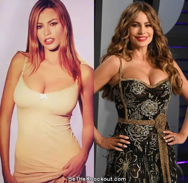 Sofia Vergara boob job before and after photo comparison.