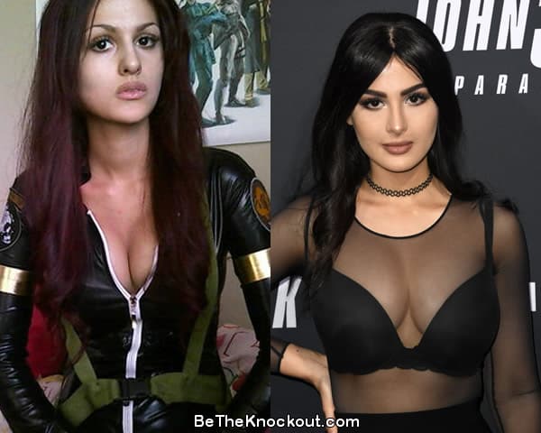 SSSniperwolf boob job before and after comparison photo.