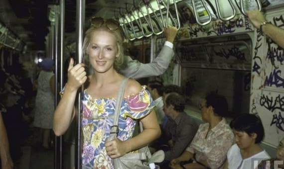 Meryl Streep inside the subway train