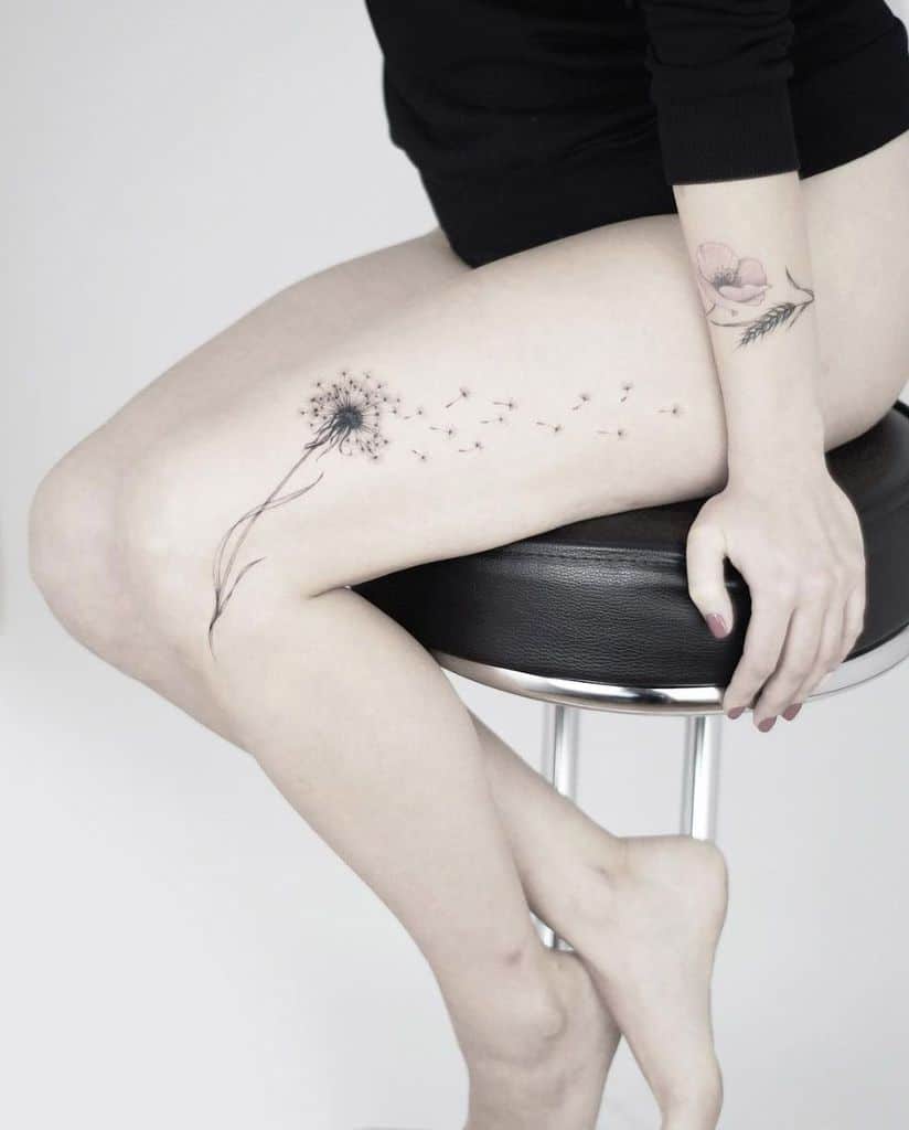 Dandelion Thigh Tattoo