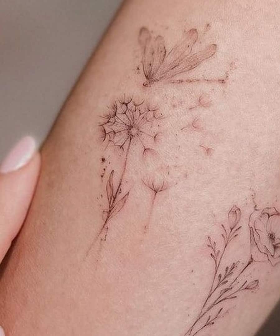 Dragonfly and Dandelion Tattoo